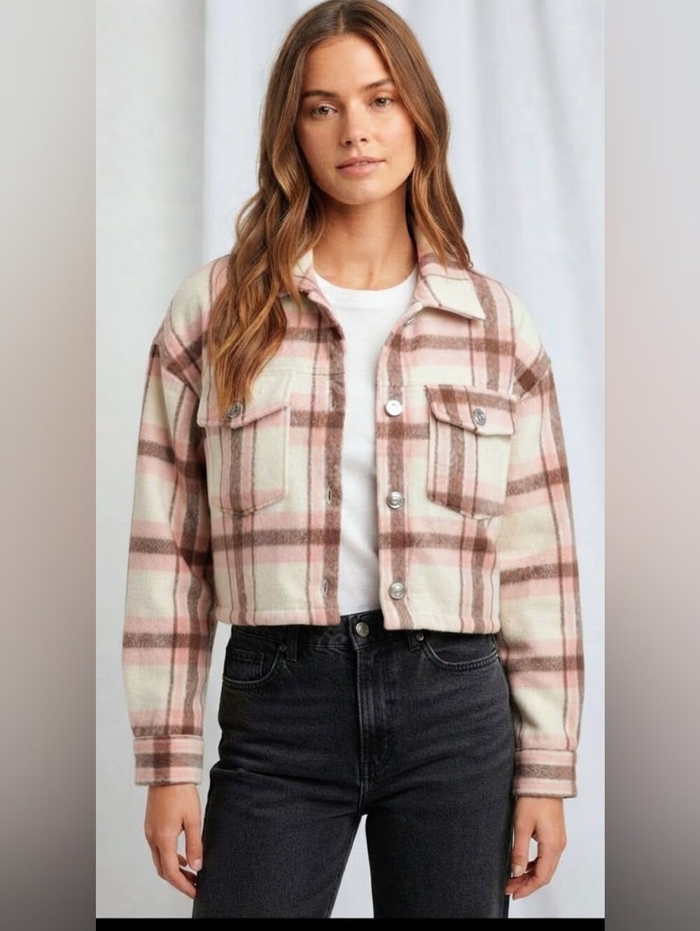 Streetwear Society Pink Brown Plaid Cropped Jacket M